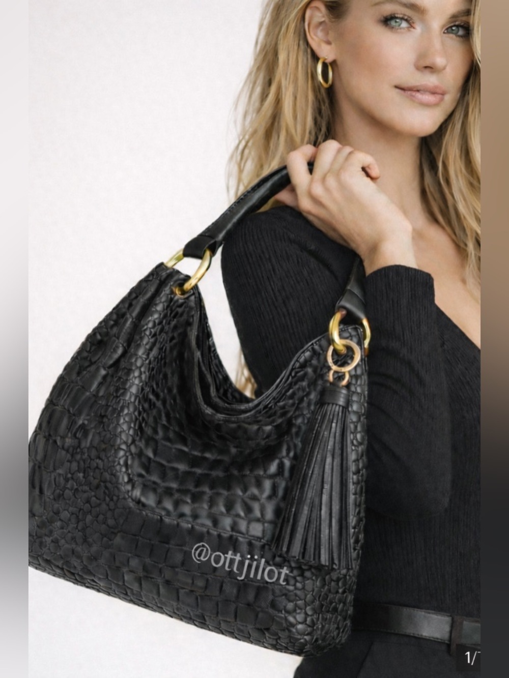 DKNY Croc Embossed Leather Hobo Black Tassel Gold HW NWT $448